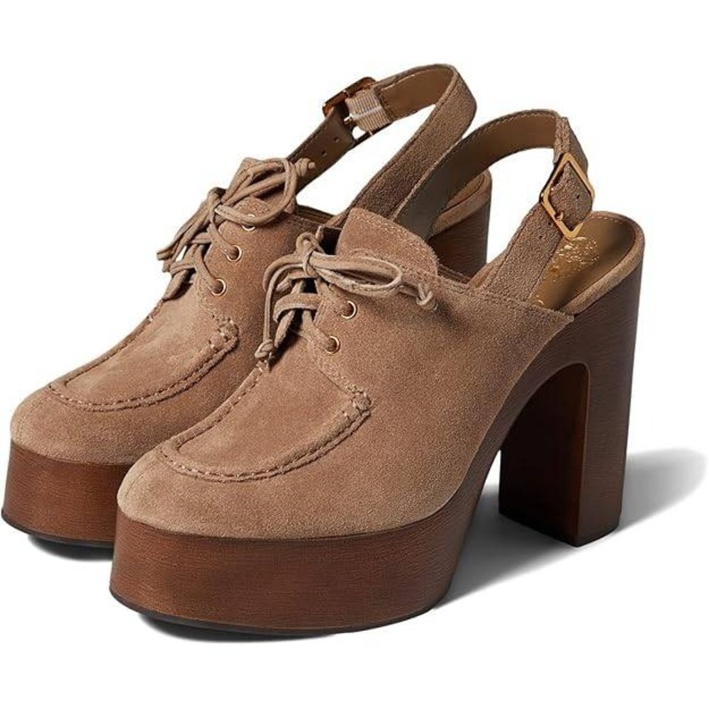 Vince Camuto Inerta Platform Sandals Tan Suede Wood Block Heel Lace Up 8M